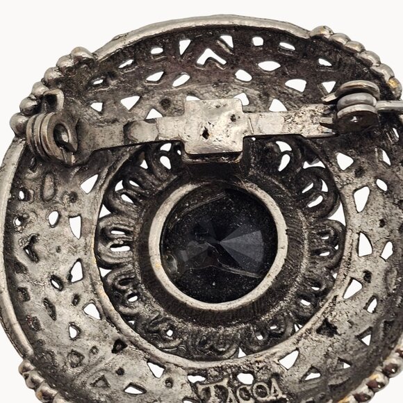 VTG Brooch Tacoa Signed Cabochon Black Rhinestone SilverTone Filigree Whimsygoth - Picture 9 of 12